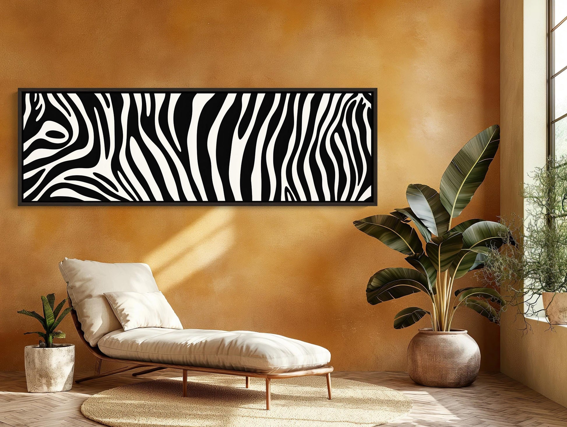 Zebra Stripe , Extra Large Black White canvas wall art shown in a living room (view 3)