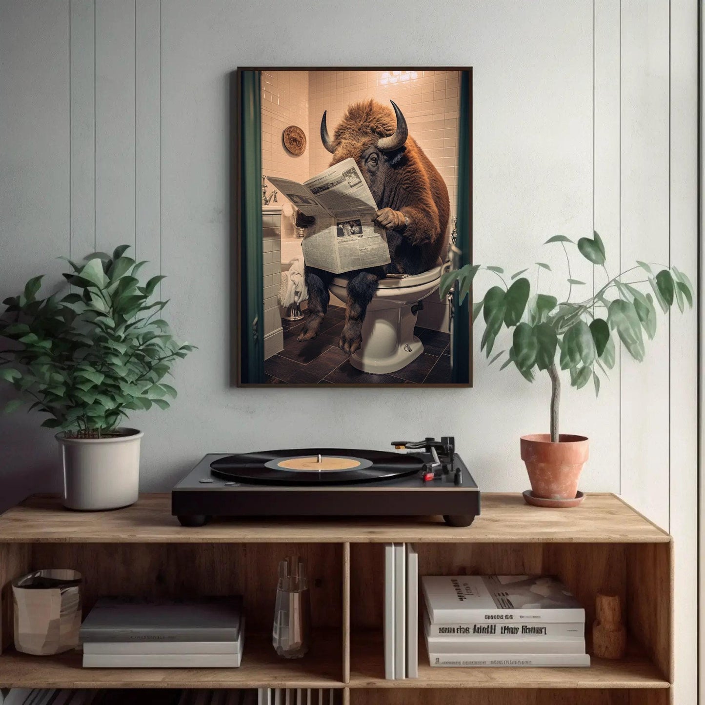Funny Bison Bathroom , Buffalo Toilet Humor canvas wall art shown in a styled room (view 2)
