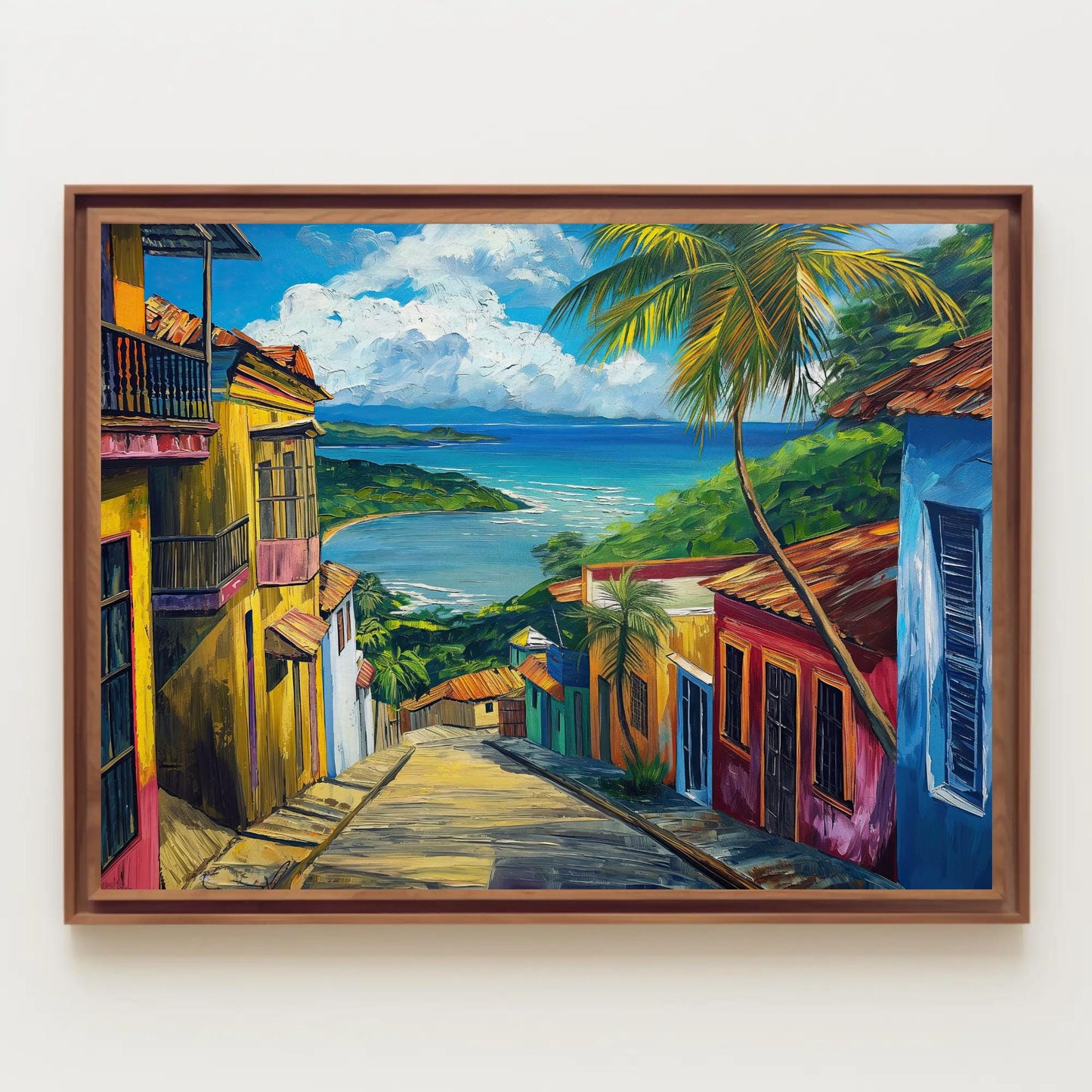 Old San Juan , Puerto Rico Wooden Frame canvas wall art shown in a styled room