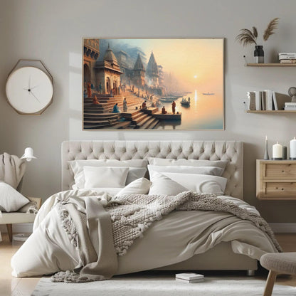 Varanasi canvas wall art shown in a bedroom (view 2)