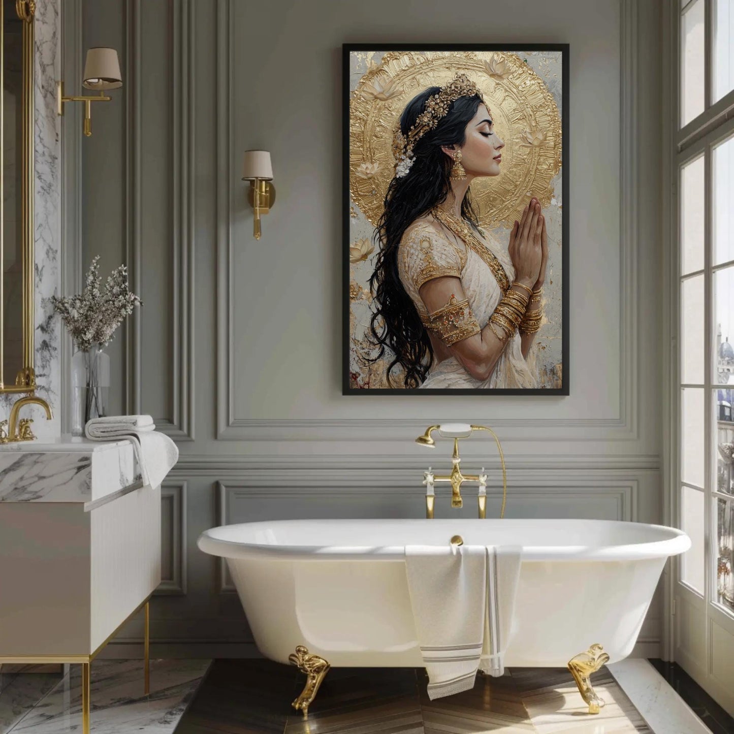 Gold Lakshmi canvas wall art shown in a bathroom