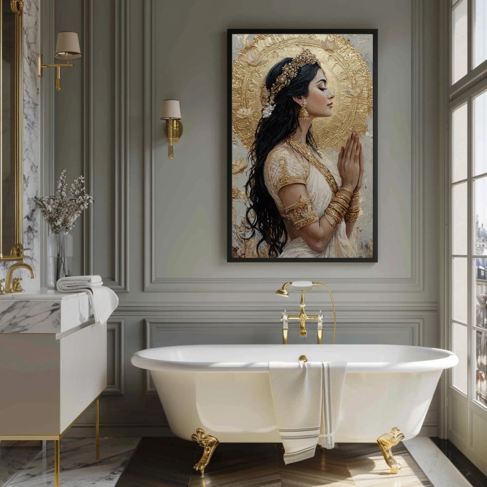 Gold Lakshmi canvas wall art shown in a bathroom