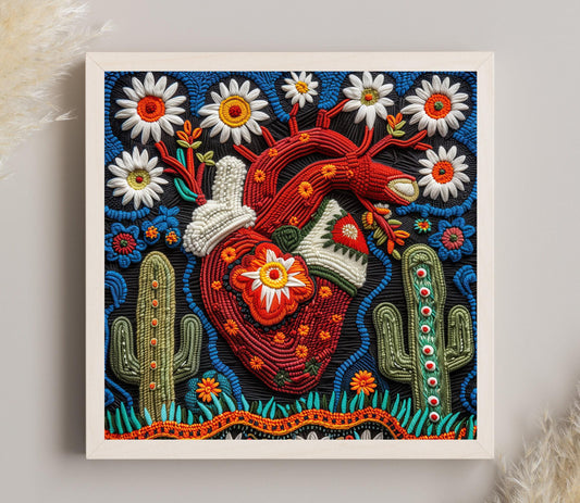 Huichol Yarn Cactus Canvas Print, Mexican Folk Art Decor