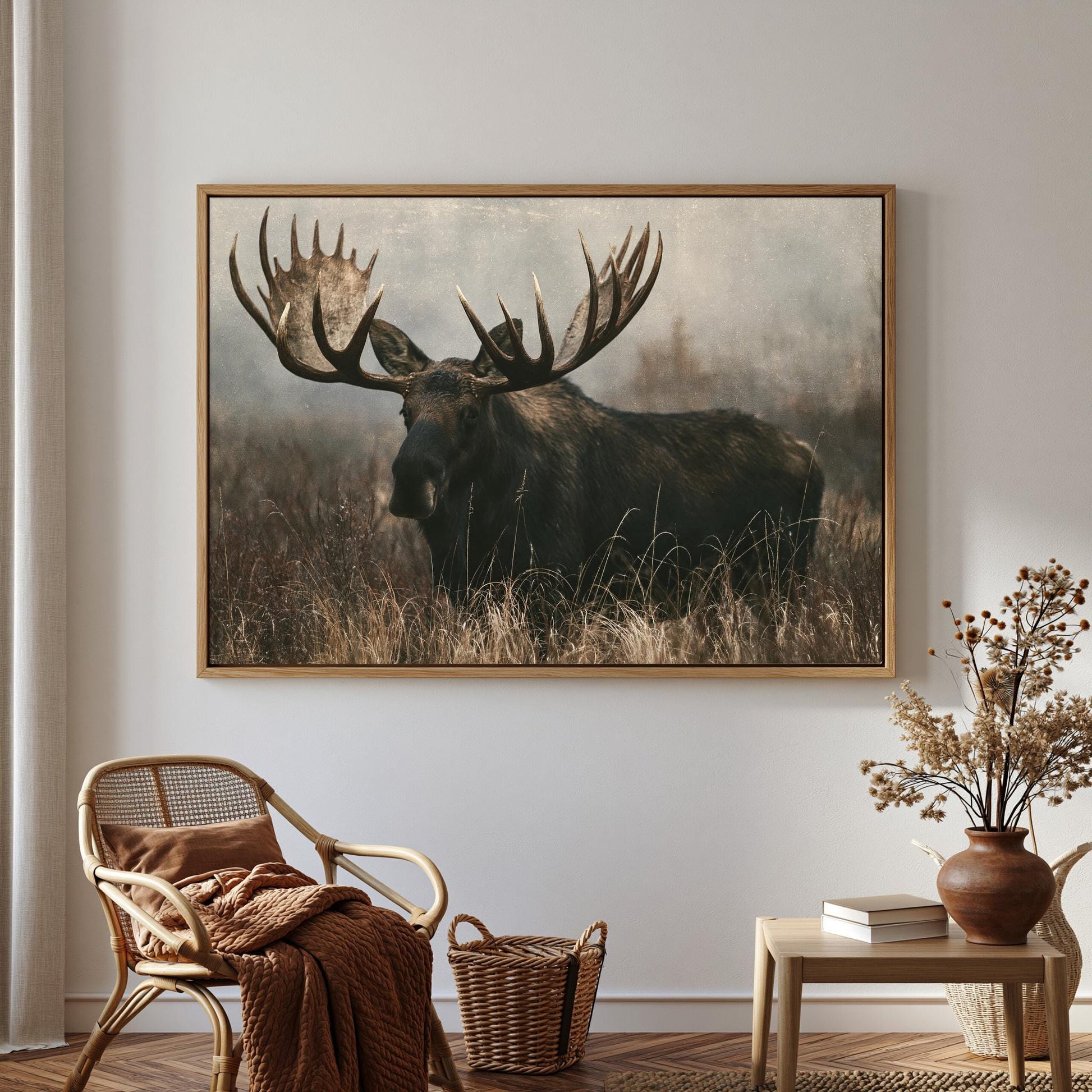 a large framed picture of a moose standing in a field of tall grass.