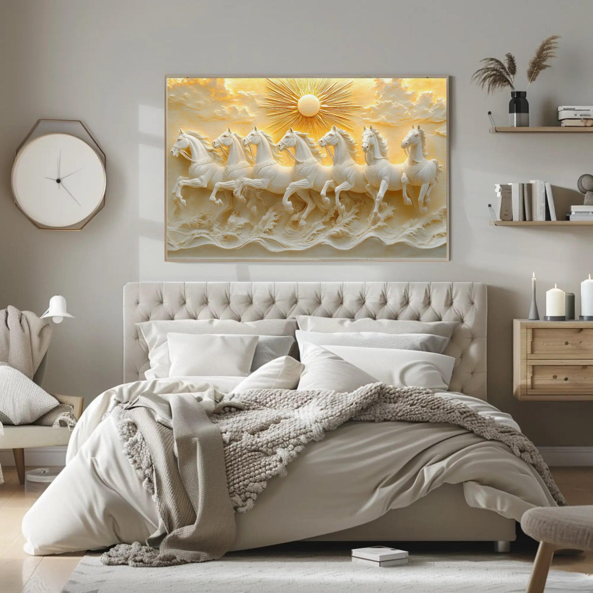 a large, ornate gold-colored wall hanging depicting a group of white horses running across a landscape with a sun in the background.