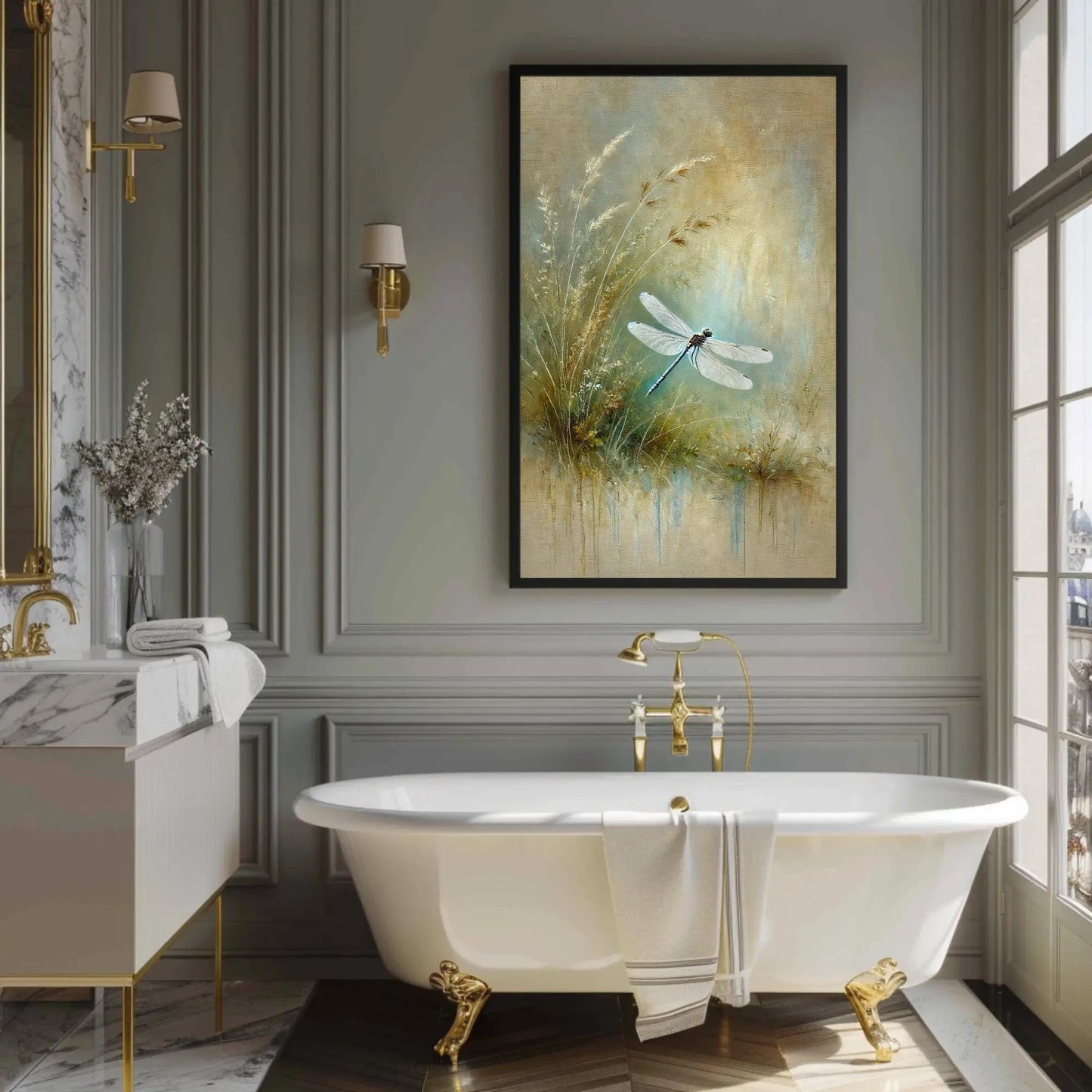 Dragonfly canvas wall art shown in a bathroom