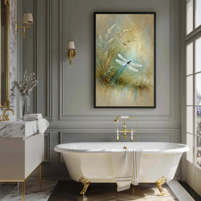 Dragonfly canvas wall art shown in a bathroom