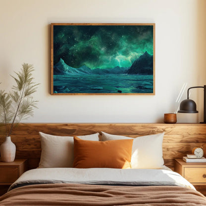 Antarctica Night canvas wall art shown in a bedroom