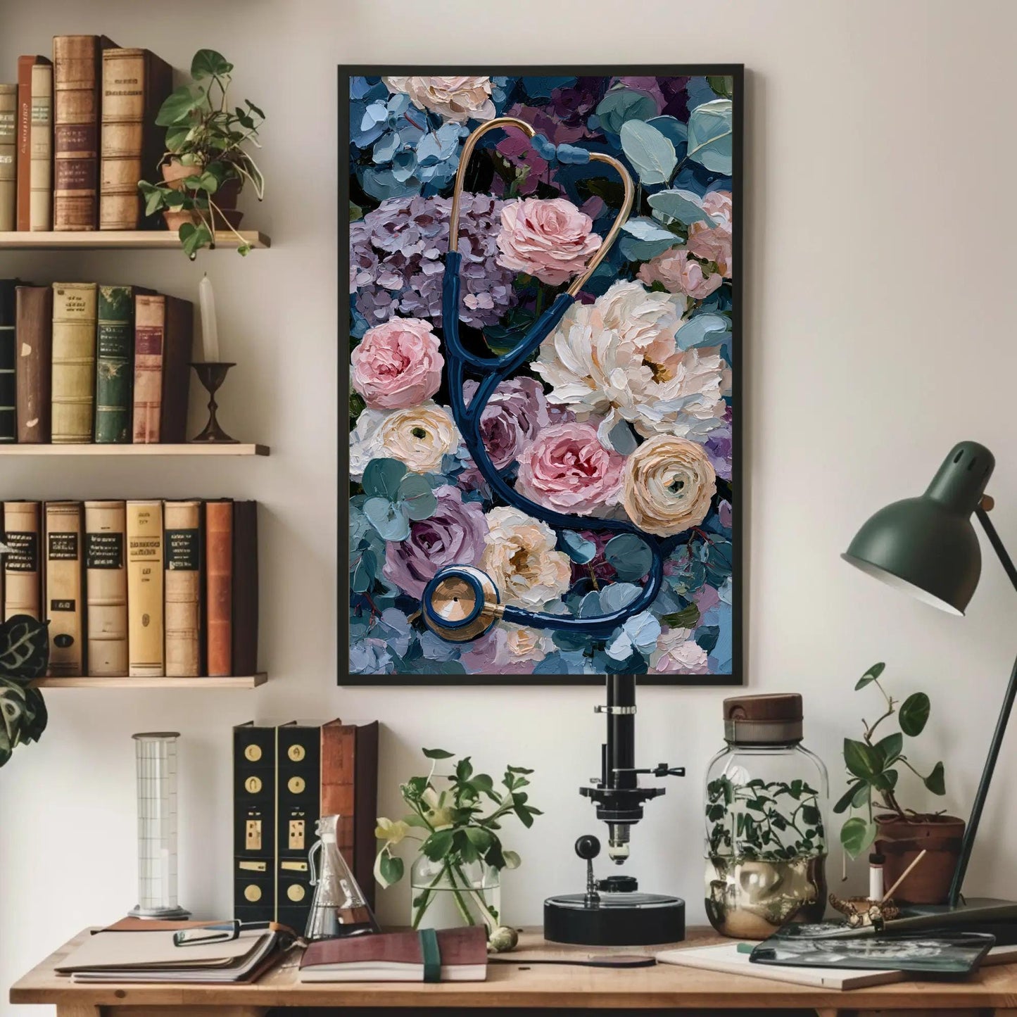 Stethoscope canvas wall art shown above a desk