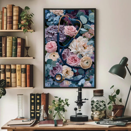 Stethoscope canvas wall art shown above a desk