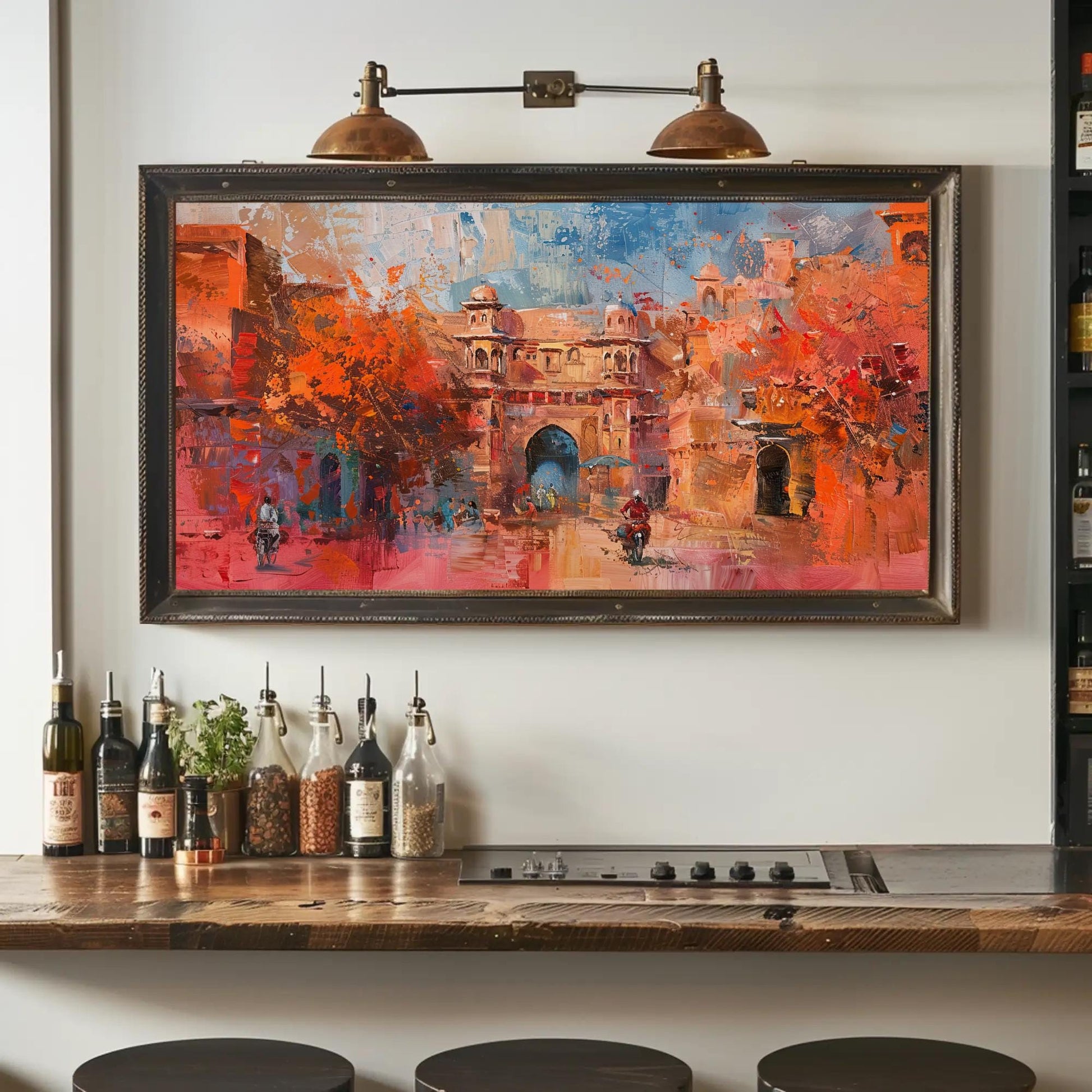 Jaipur Abstract Oil Painting canvas wall art shown in a styled room