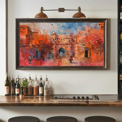 Jaipur Abstract Oil Painting canvas wall art shown in a styled room