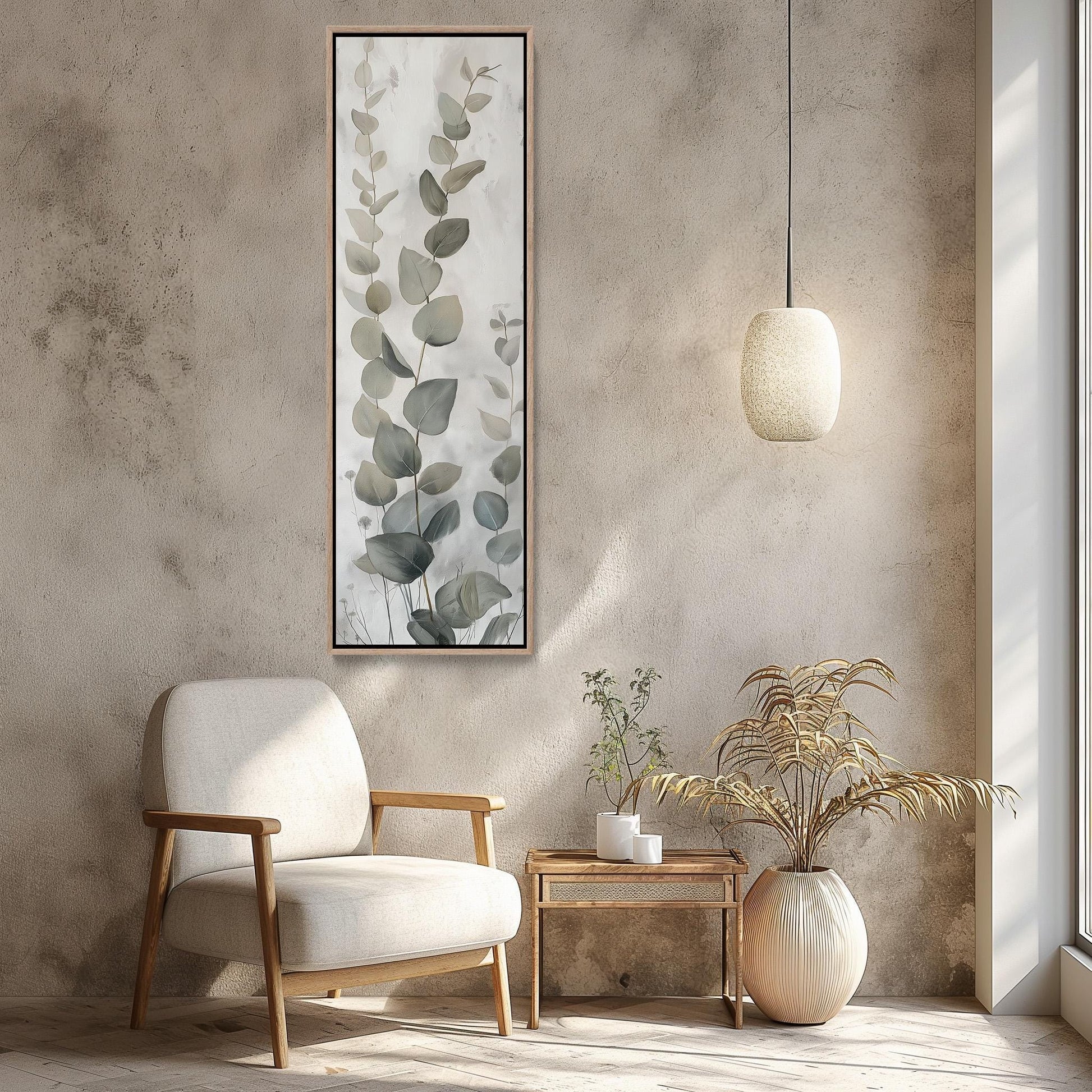 Eucalyptus Leaves , Tall Narrow Botanical canvas wall art shown in a living room (view 3)
