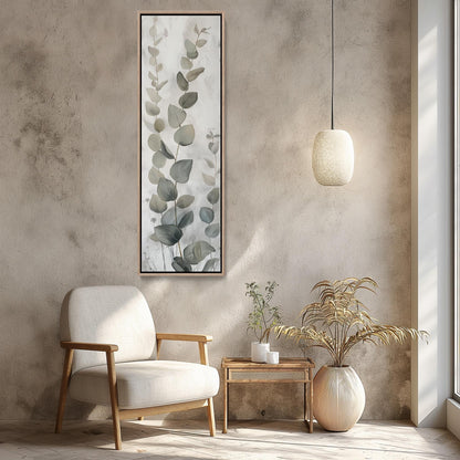 Eucalyptus Leaves , Tall Narrow Botanical canvas wall art shown in a living room (view 3)