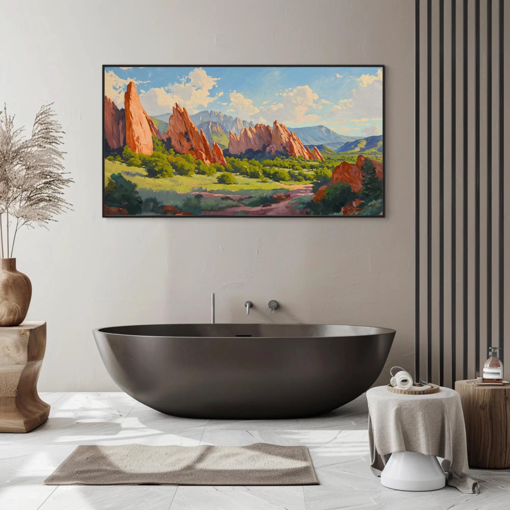 Garden of the Gods , Colorado Landscape canvas wall art shown in a bathroom