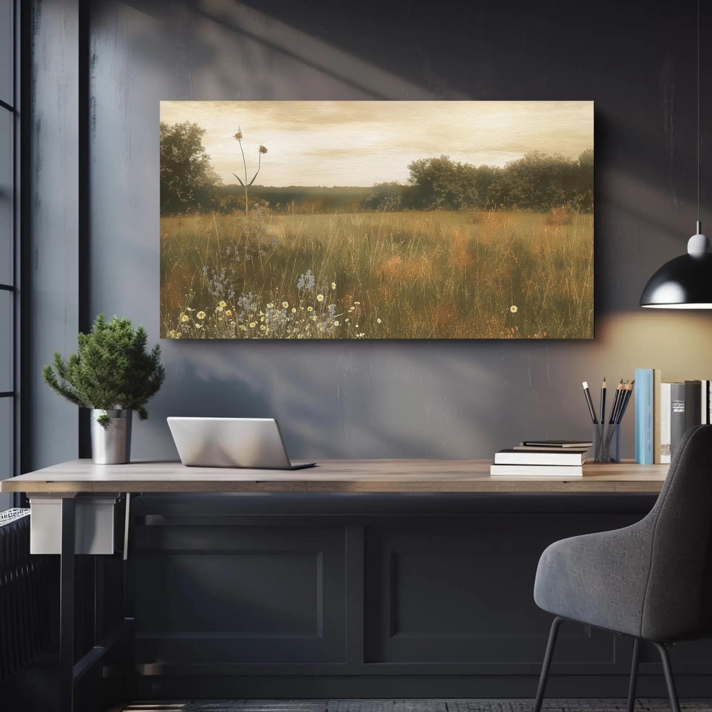 Wildflower Field Painting canvas wall art shown above a desk