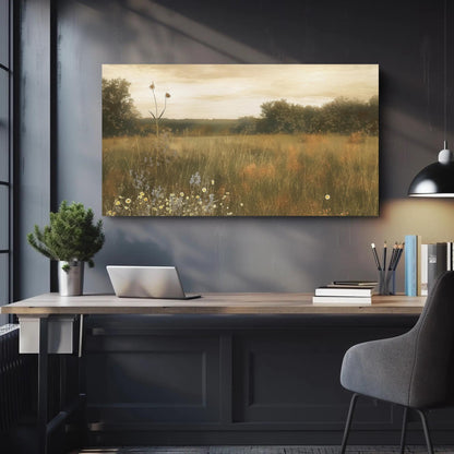 Wildflower Field Painting canvas wall art shown above a desk