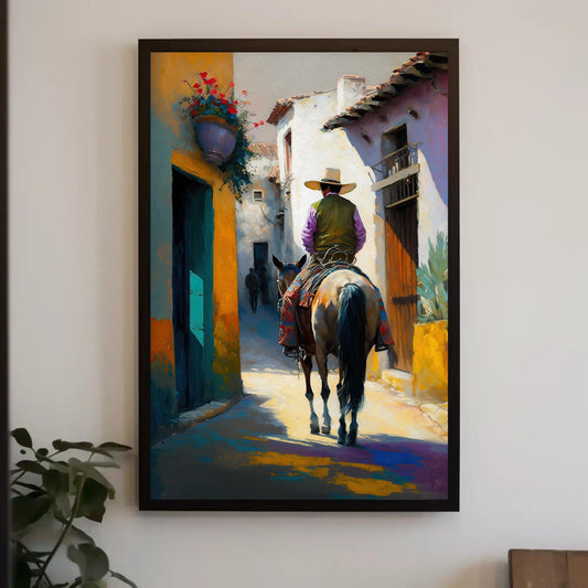 Mexican Horse Rider Canvas – Colorful Village Scene | Museum Grade Canvas Print