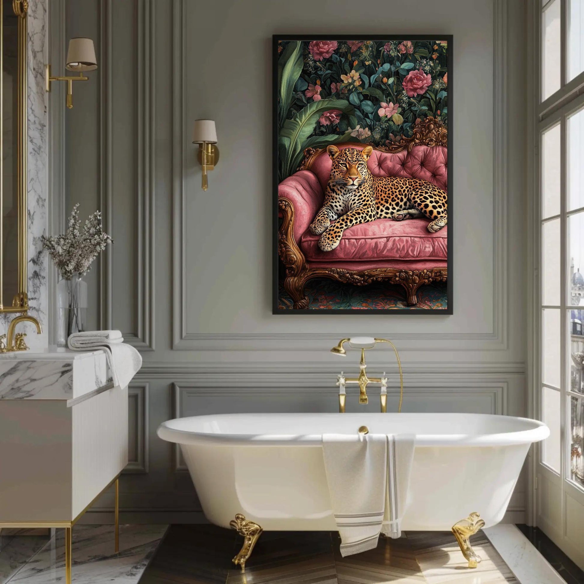 Leopard canvas wall art shown in a bathroom