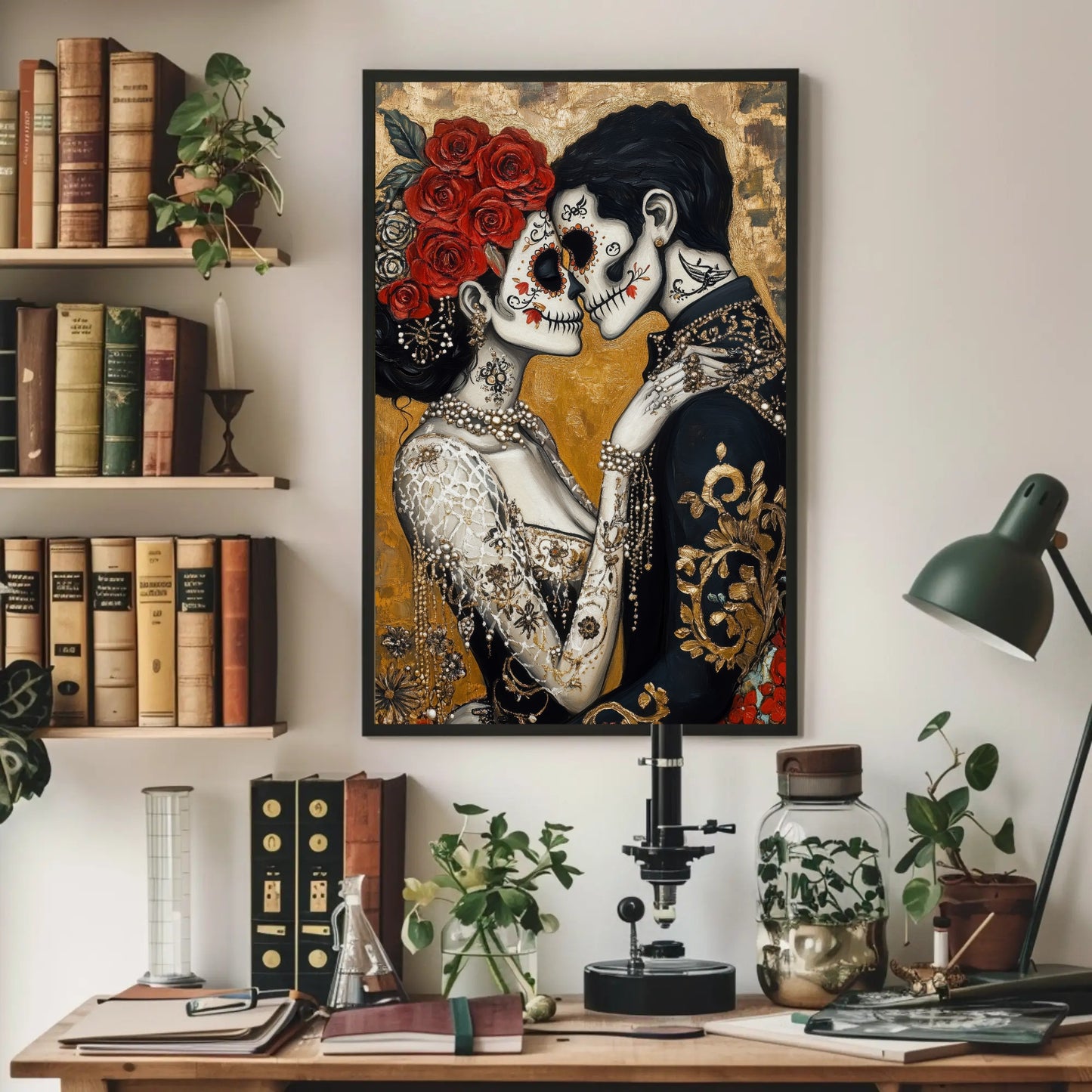 Day of the Dead canvas wall art shown above a desk