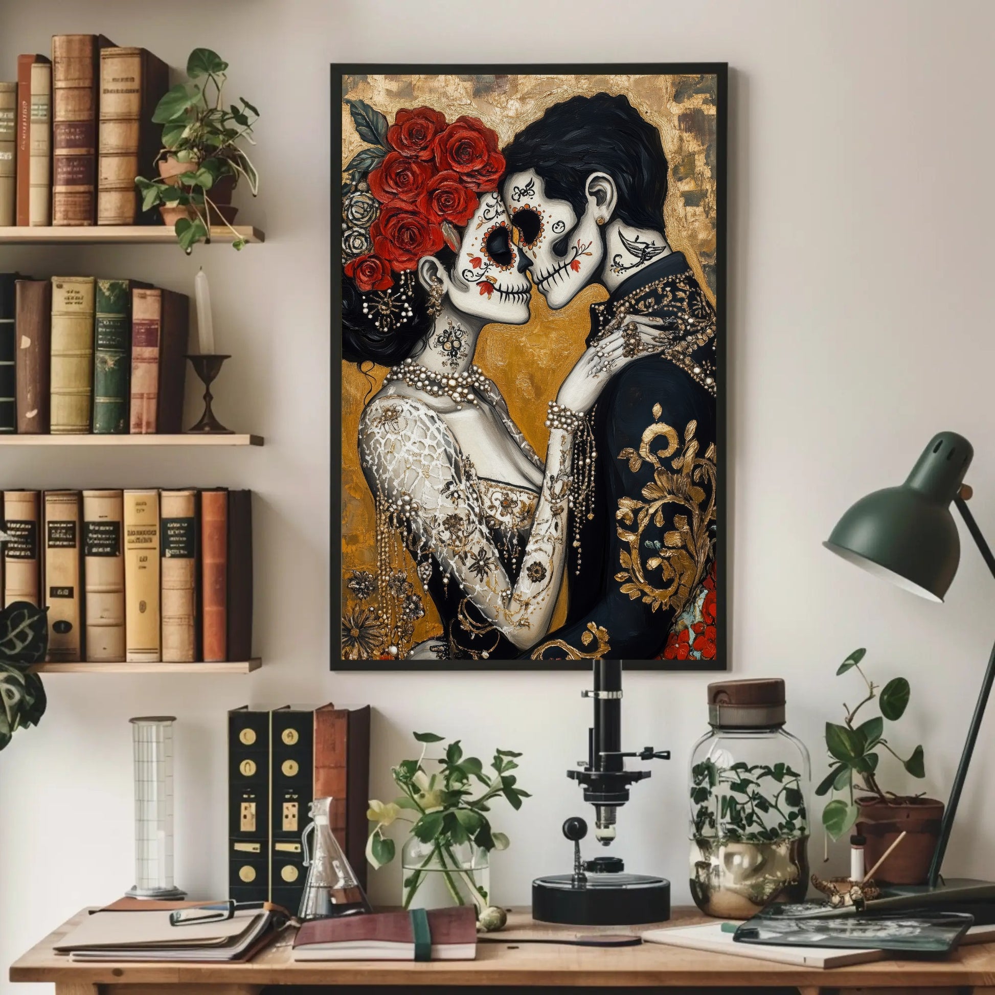 Day of the Dead canvas wall art shown above a desk