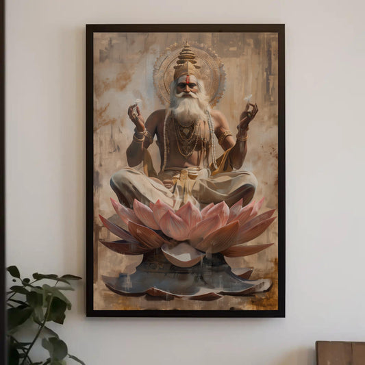 Brahma Lotus Canvas Art | Indian God Painting on Museum-Grade Canvas – Yoga Practice Decor