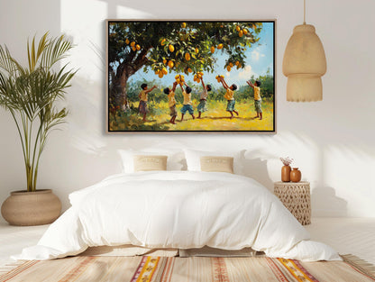 Indian Kids Mango Tree , Desi Children canvas wall art shown in a styled room (view 2)