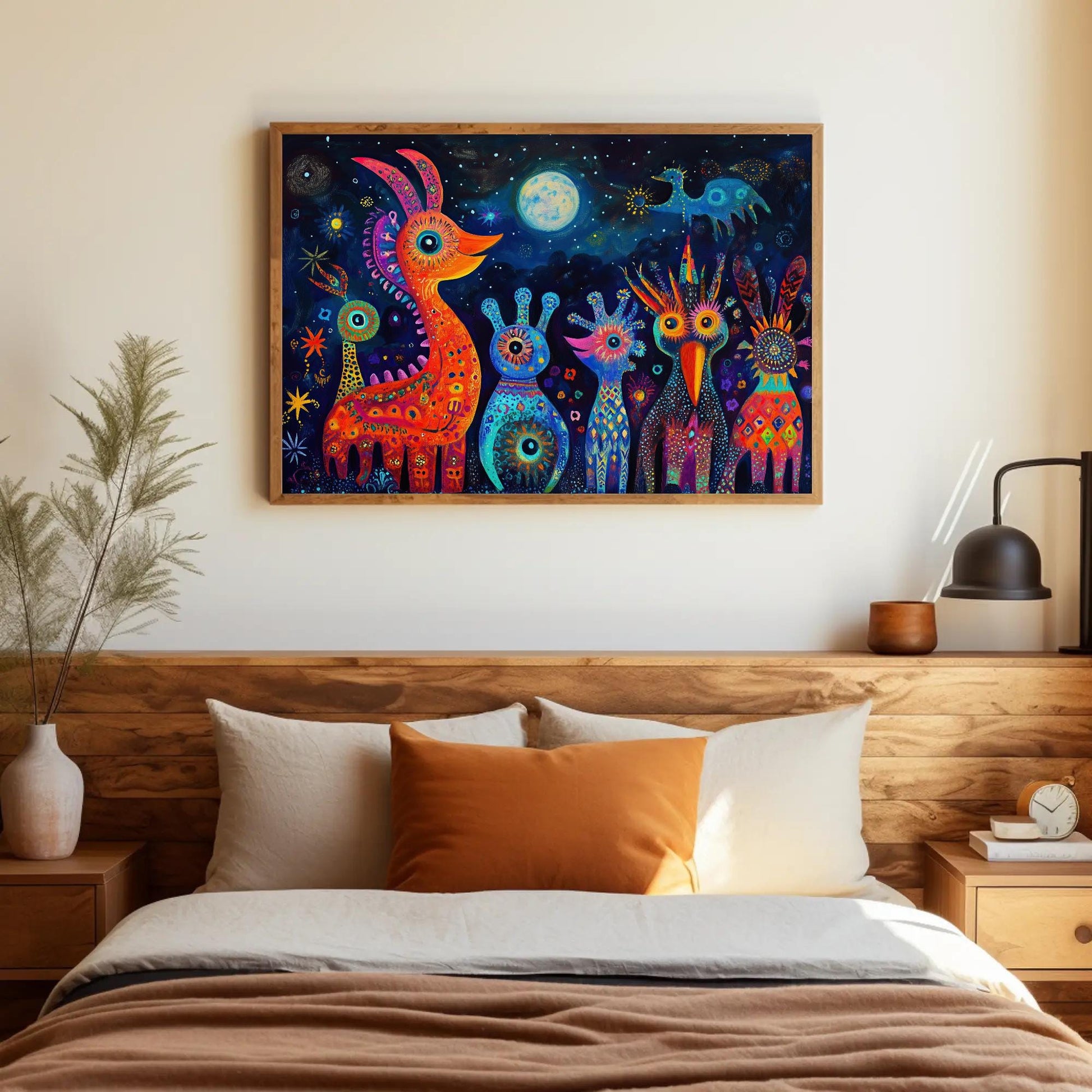 Oaxacan Alebrijes , Mexican Folk Art canvas wall art shown above a bed (view 2)