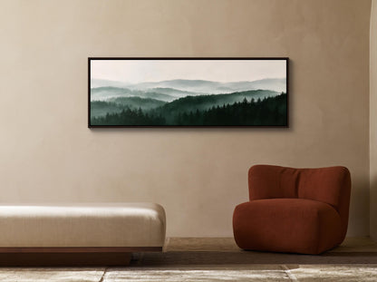 Misty pine forest ridges canvas wall art, serene landscape with a forested mountain range in the background, complemented by