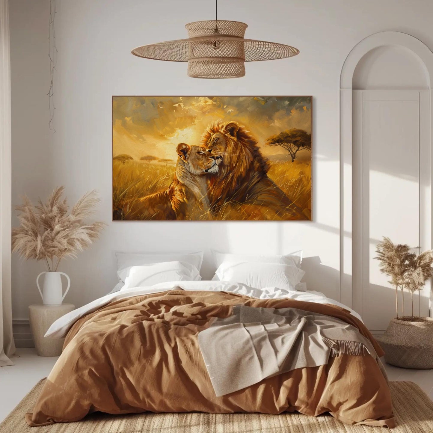 Lion Couple , Romantic Wildlife Sunset canvas wall art shown above a bed (view 3)