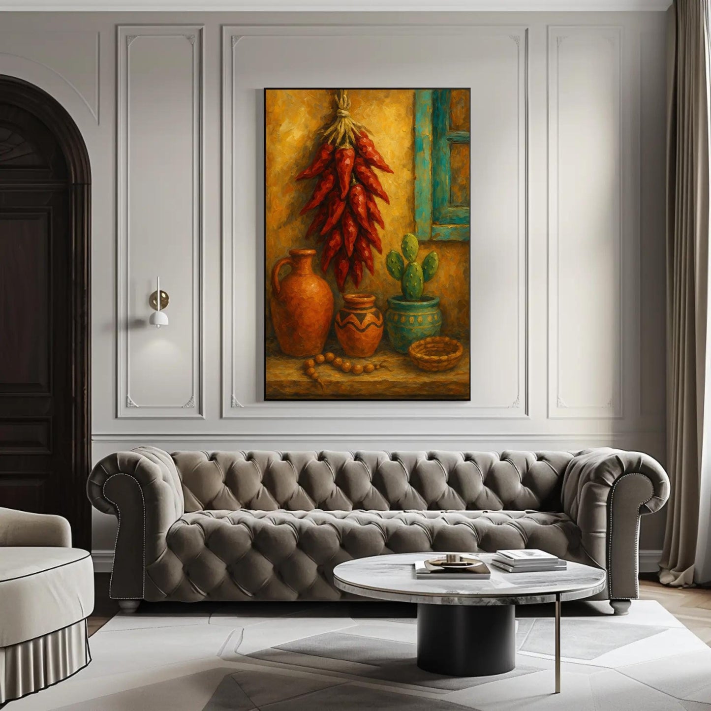 Southwestern canvas wall art shown in a living room