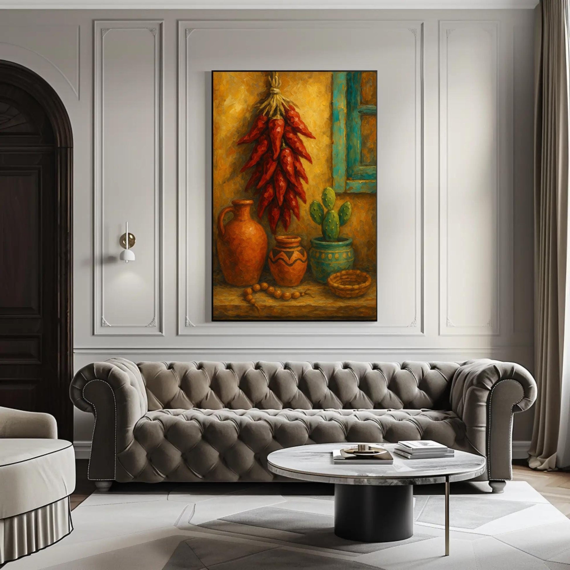 Southwestern canvas wall art shown in a living room