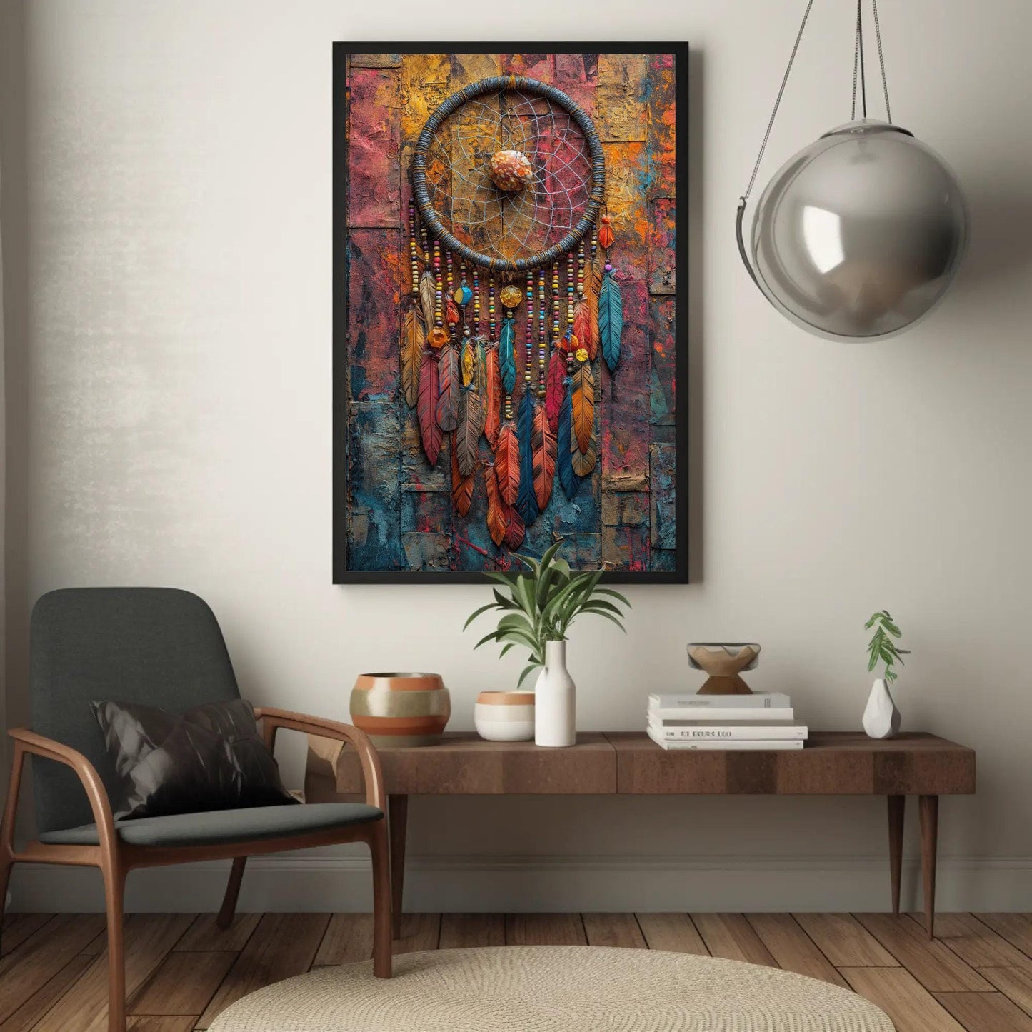 Dreamcatcher , Boho Rustic Feather canvas wall art shown in a styled interior (view 2)