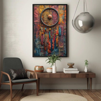 Dreamcatcher , Boho Rustic Feather canvas wall art shown in a styled interior (view 2)