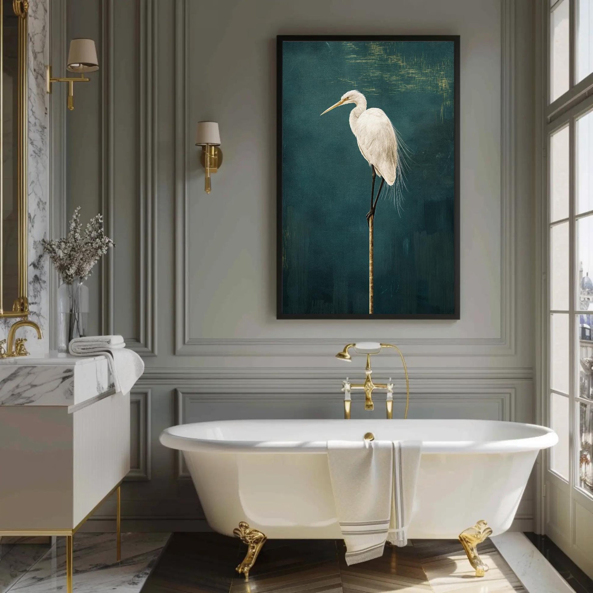 Japanese Crane , Minimalist Tsuru Bird canvas wall art shown in a styled room (view 3)