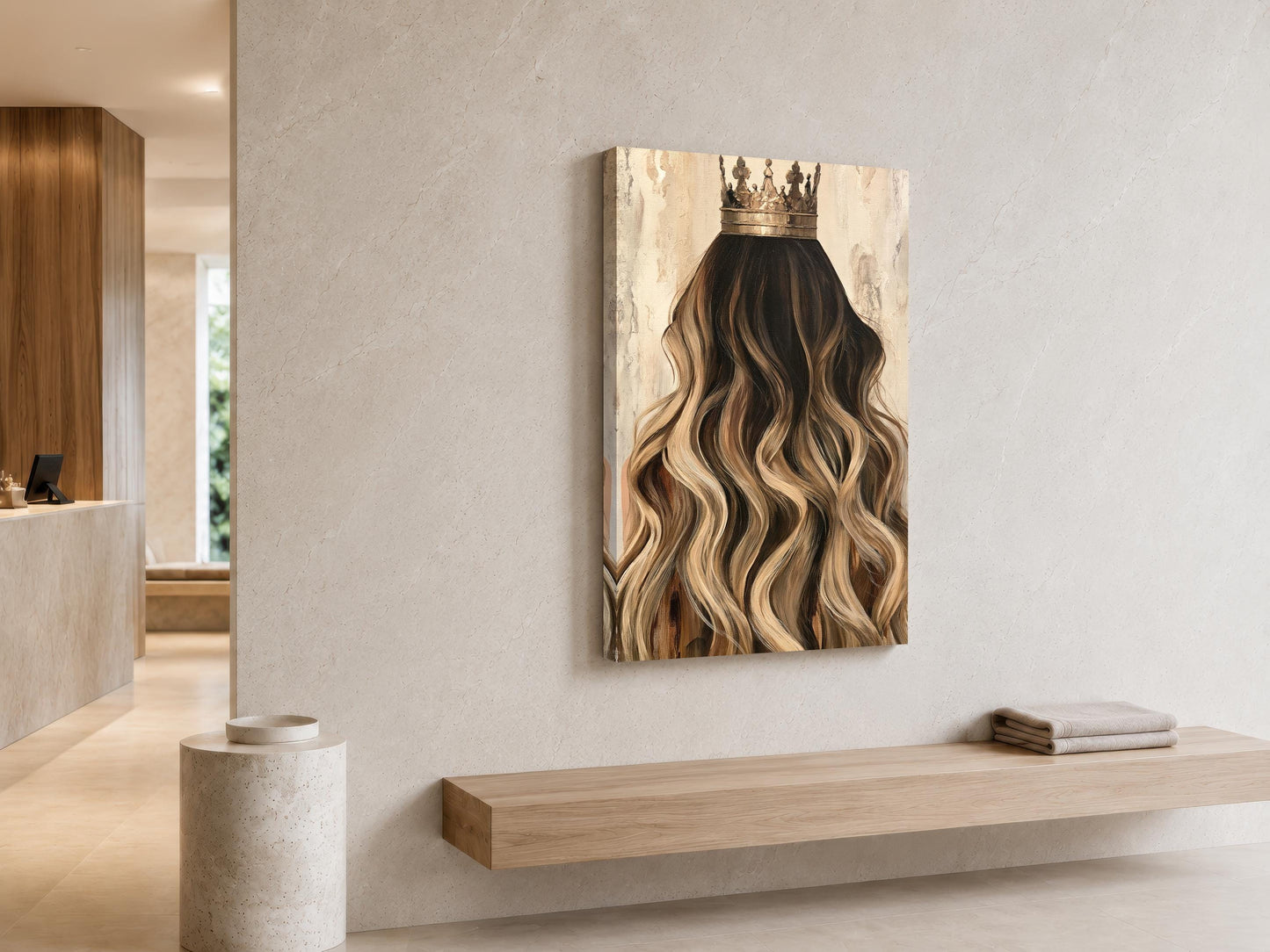 a large painting of a woman's long, wavy hair with a crown on her head, hanging on a wall in a modern, minimalist interior.