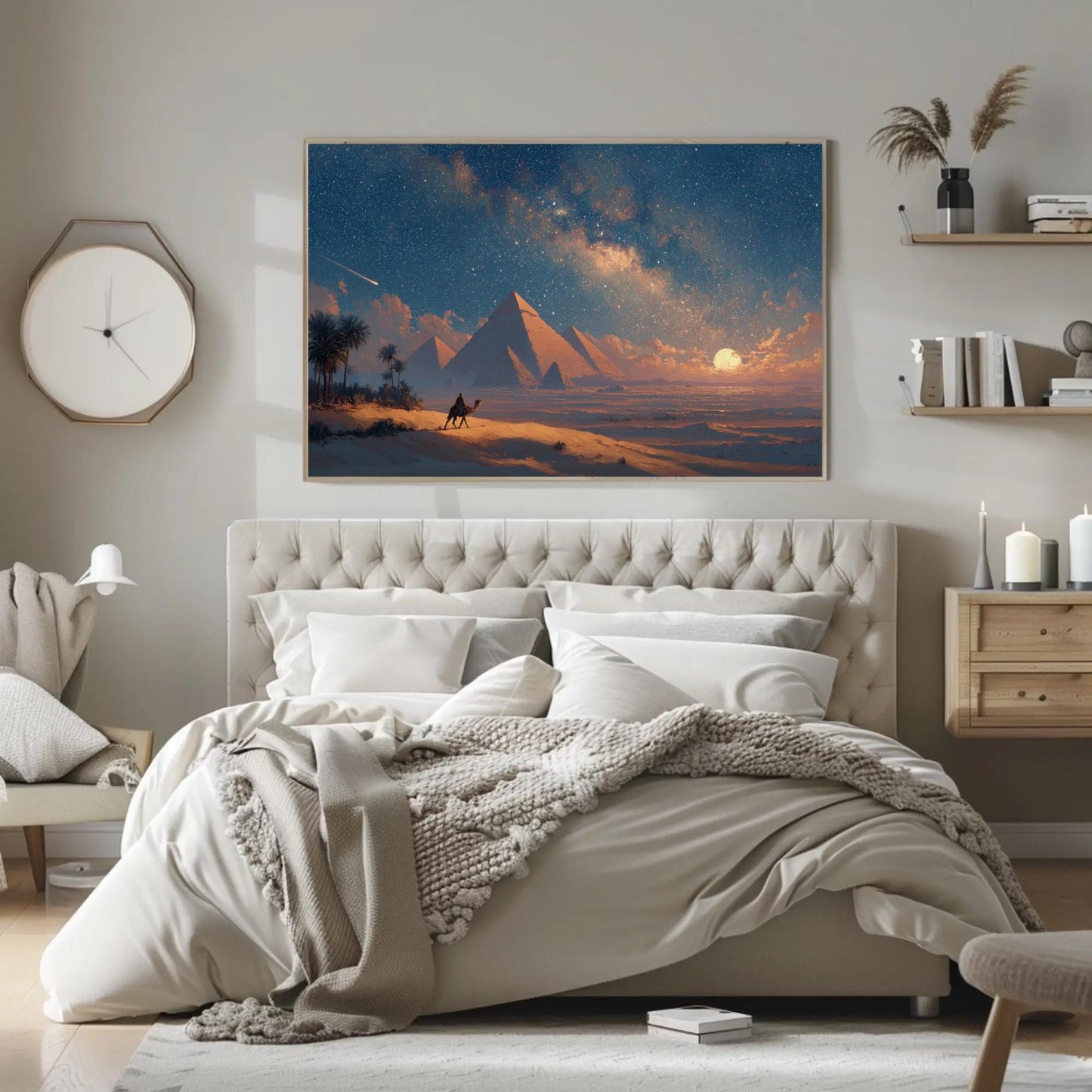 Egypt Pyramids canvas wall art shown in a bedroom (view 2)