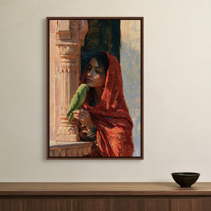 Rajasthani woman with parakeet canvas wall art, framed painting depicting a woman in a red shawl and a green parrot, with a