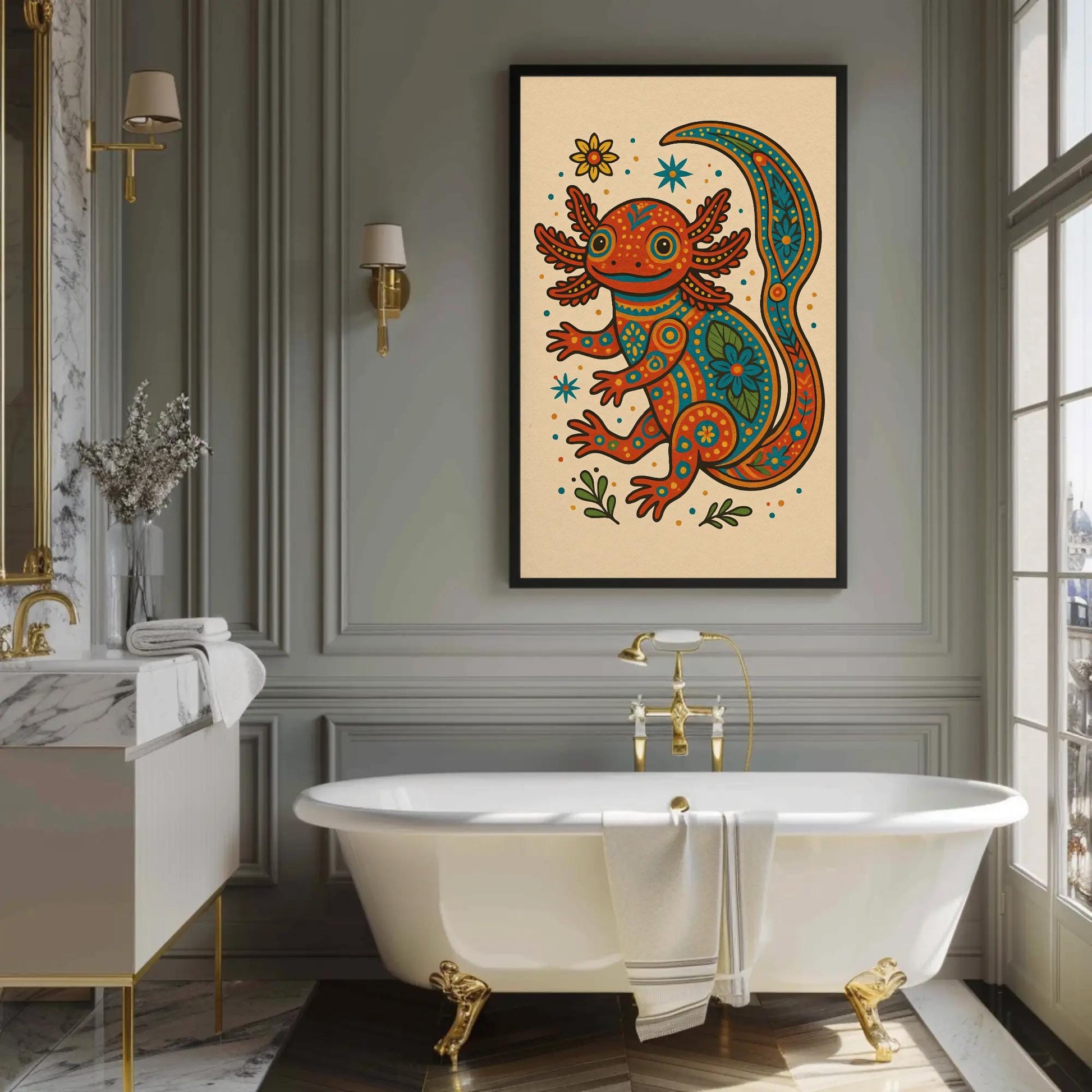 Axolotl boho canvas wall art for the home