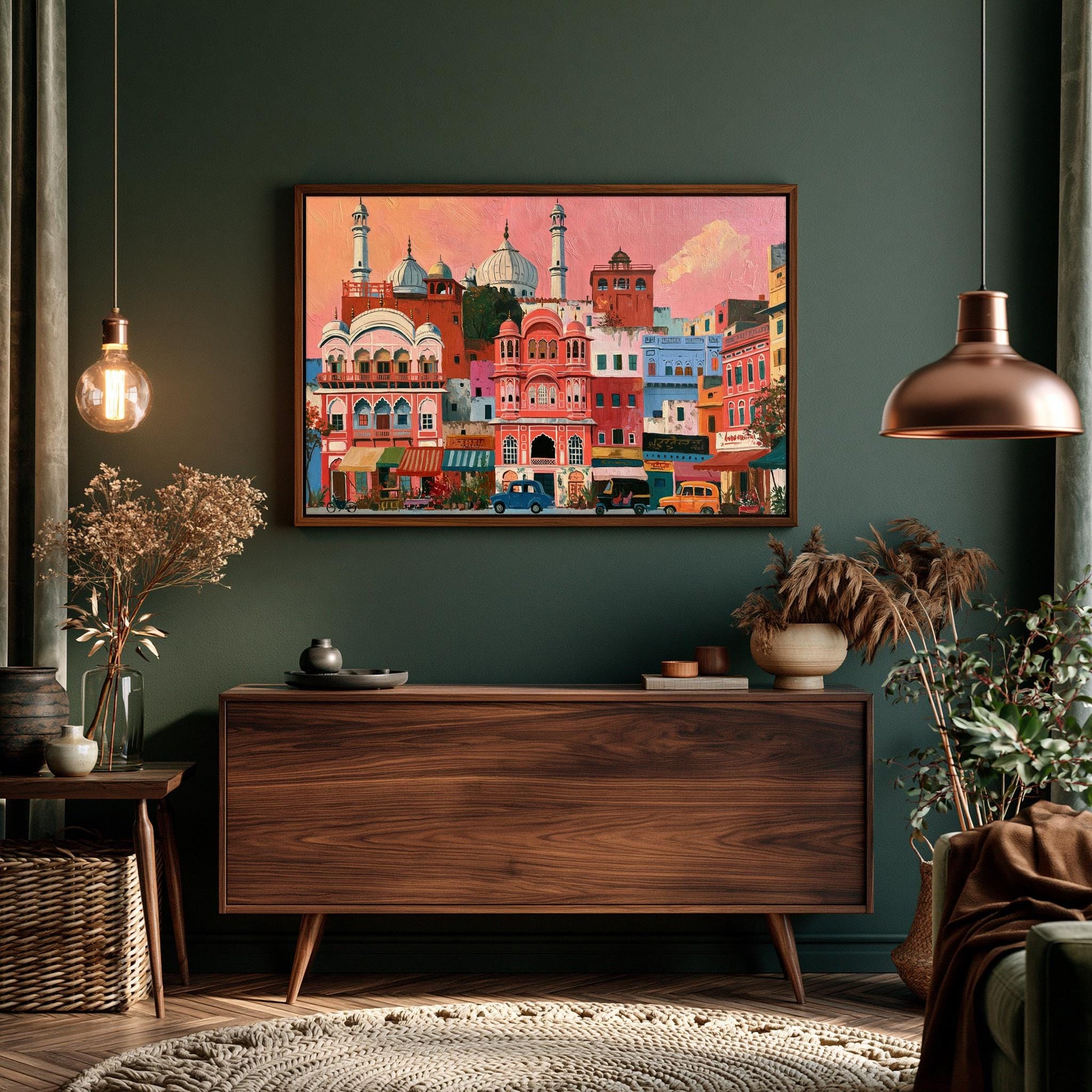 a large, colorful painting of a cityscape hanging on a green wall in a modern living room.