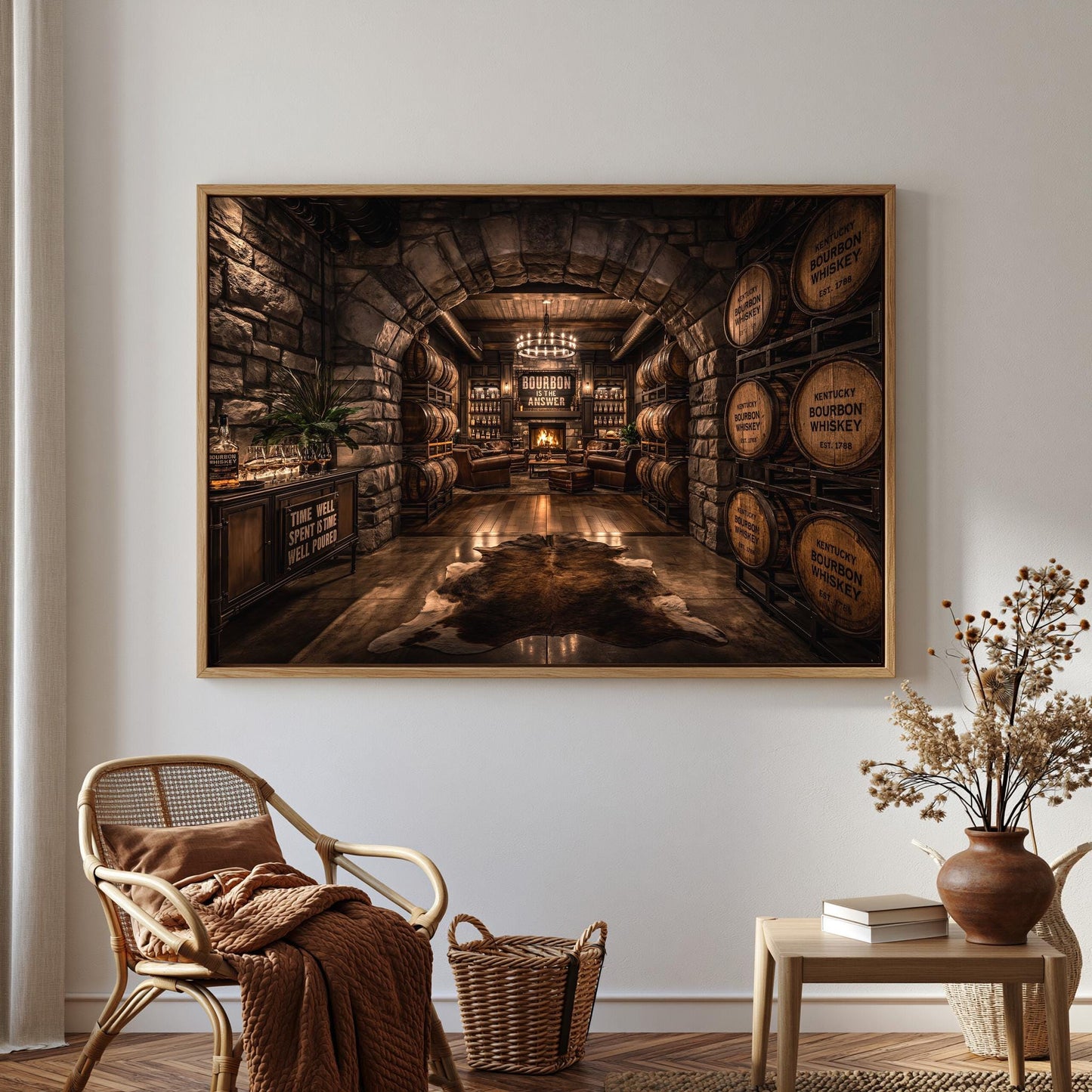 a cozy and rustic interior with a large wooden barrel wall, a fireplace, and a wooden table with a vase of flowers.