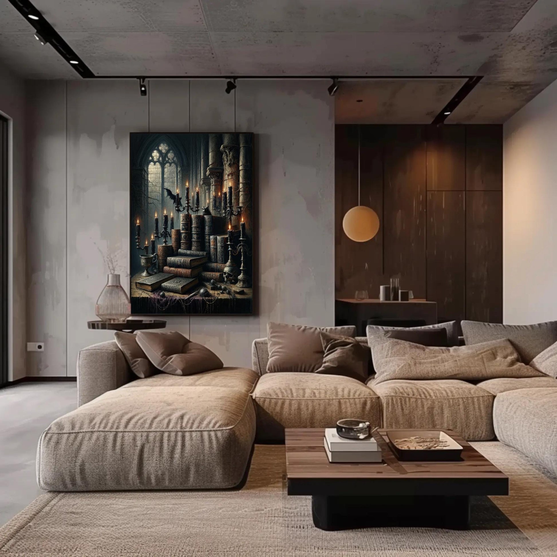 Gothic Library canvas wall art shown in a living room