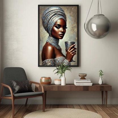 a painting of a woman in a turban holding a cup