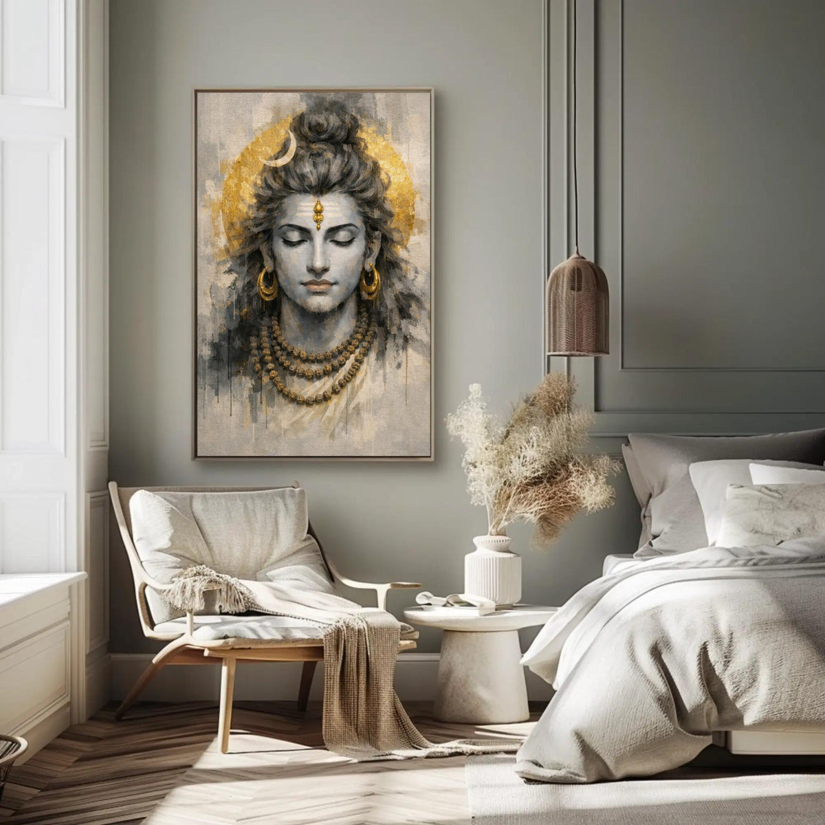 Meditating Lord Shiva canvas wall art, bedroom with a large painting of a Hindu deity's face on the wall, a white chair, a