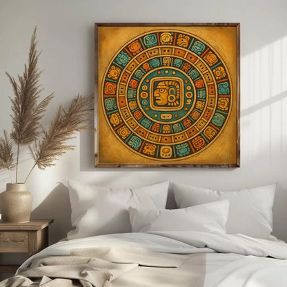 Mayan Calendar canvas wall art shown in a styled interior