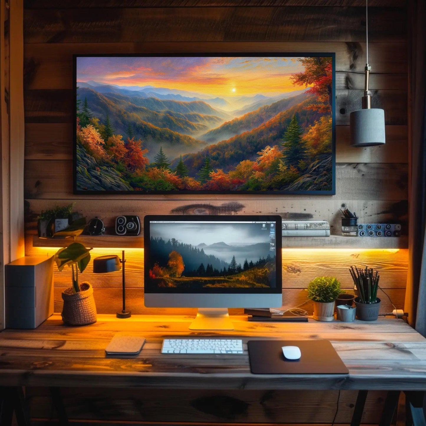 a desk with a computer on top of it