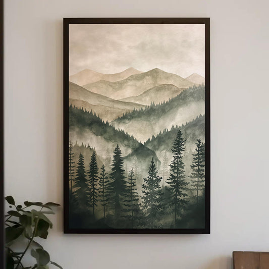 Green Mountain Pine Tree Print – Framed Canvas Art | 16x20 Inch Watercolor Wall Decor
