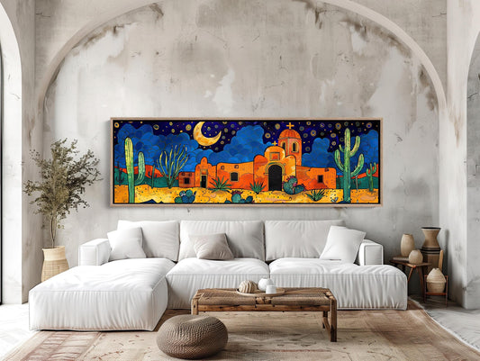 a living room with a white couch and a painting on the wall