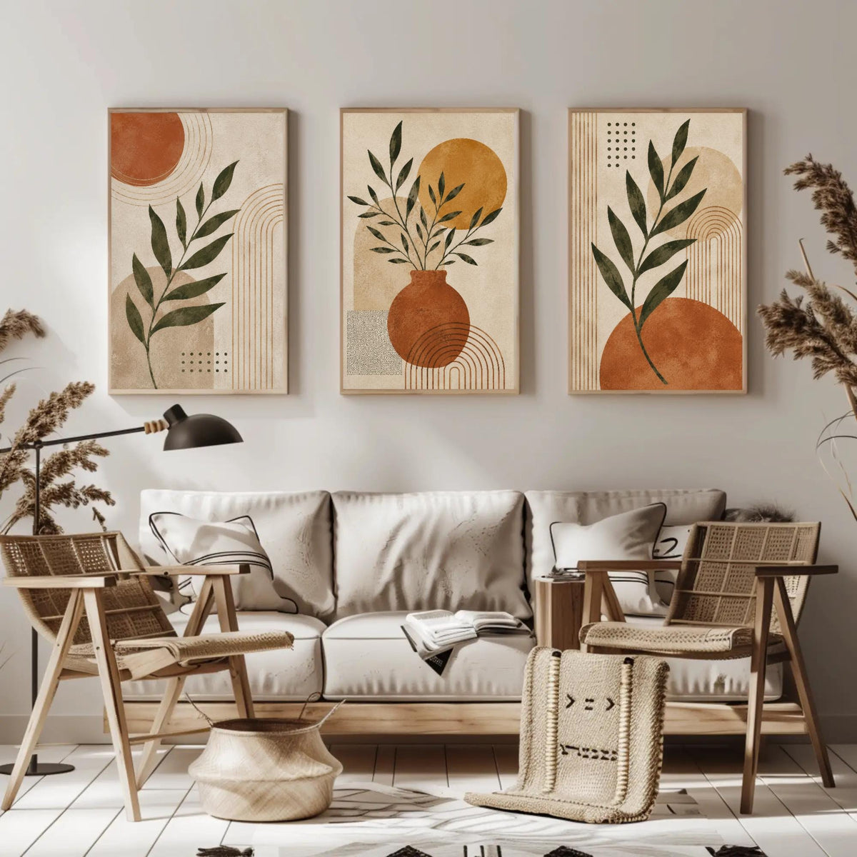 Boho botanical abstract trio canvas wall art, modern living room with a white sofa, wooden chairs, and abstract artworks on