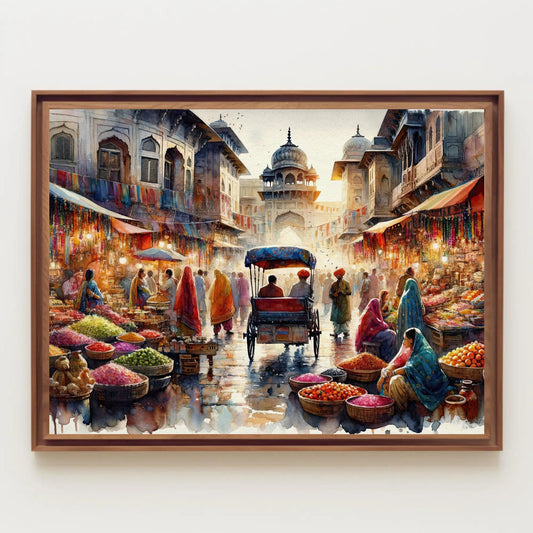 Indian Bazaar Canvas Print, Vibrant Spice Market Wall Art Decor